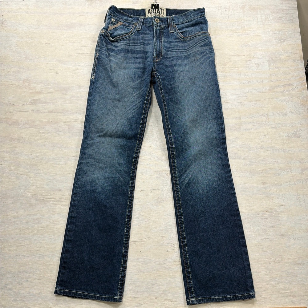 Ariat Jeans M4 Low Rise Boot Cut 31x34 Embroidered Pocket Blue Mens